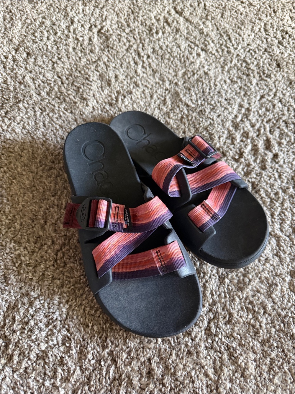 Chaco Slide Sandals with Black Footbed and Pink-Orange Straps